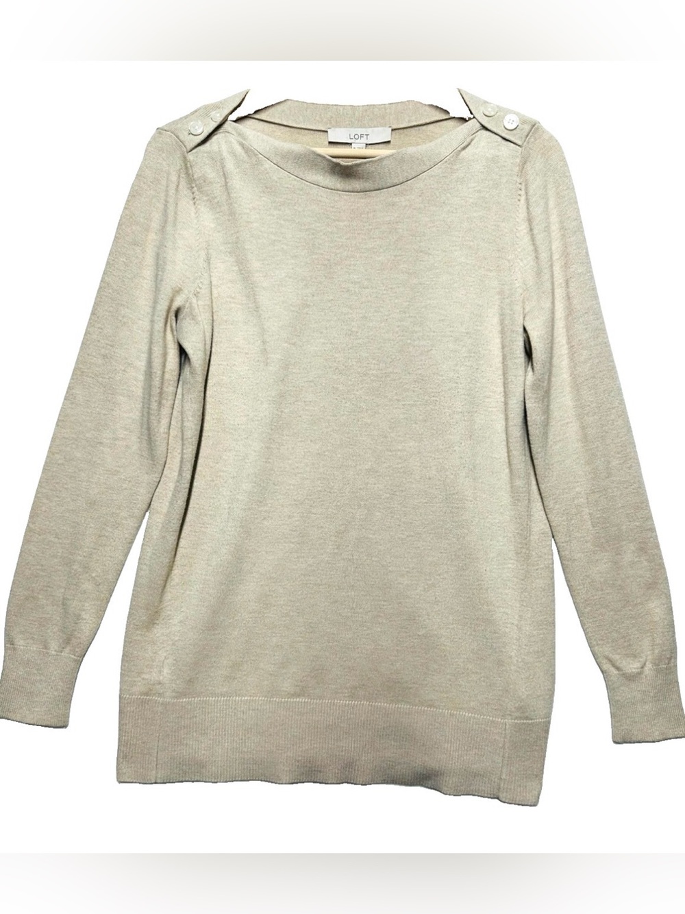 LOFT Women’s Medium Beige Boat Neck Button Shoulder Pullover Sweater